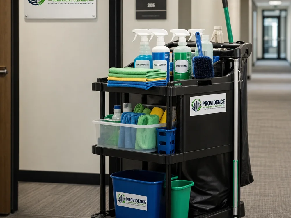 Organized commercial cleaning cart with labeled supplies and color-coded microfiber cloths